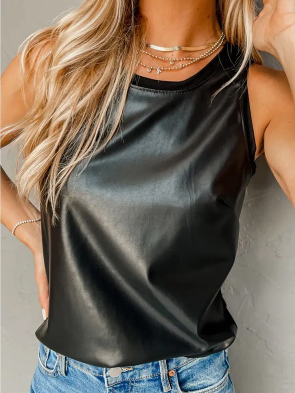 Sleeveless Vegan Faux Leather Tank Top - Black
